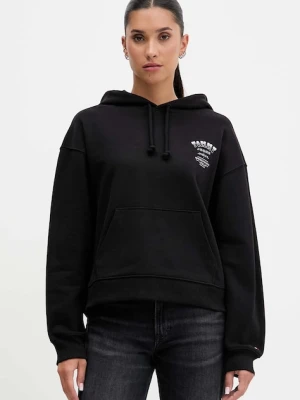 Tommy Jeans bluza bawełniana damska kolor czarny z kapturem z nadrukiem DW0DW21785