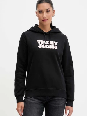 Tommy Jeans bluza bawełniana damska kolor czarny z kapturem z nadrukiem DW0DW21962