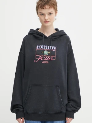 Tommy Jeans bluza bawełniana damska kolor czarny z kapturem z nadrukiem DW0DW22169