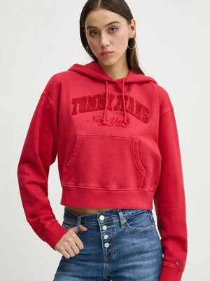 Tommy Jeans bluza bawełniana damska kolor czerwony z kapturem z aplikacją DW0DW19413