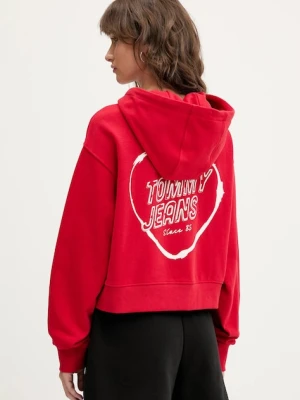 Tommy Jeans bluza bawełniana damska kolor czerwony z kapturem z nadrukiem DW0DW21408