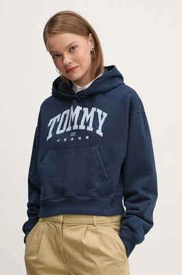 Tommy Jeans bluza bawełniana damska kolor granatowy z kapturem z nadrukiem DW0DW19291