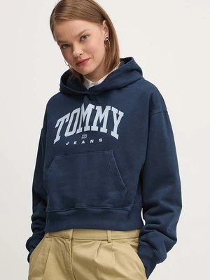 Tommy Jeans bluza bawełniana damska kolor granatowy z kapturem z nadrukiem DW0DW19291