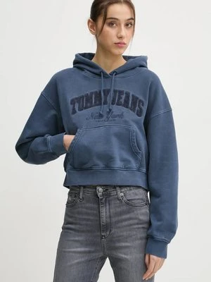 Tommy Jeans bluza bawełniana damska kolor niebieski z kapturem z aplikacją DW0DW19413