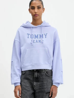 Tommy Jeans bluza bawełniana damska kolor niebieski z kapturem z aplikacją DW0DW21598