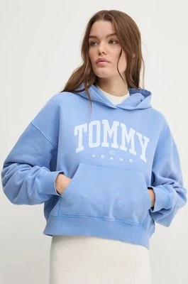 Tommy Jeans bluza bawełniana damska kolor niebieski z kapturem z nadrukiem DW0DW19291