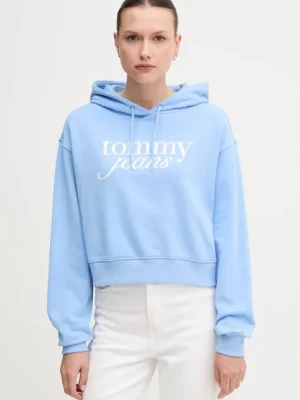 Tommy Jeans bluza bawełniana damska kolor niebieski z kapturem z nadrukiem DW0DW20306