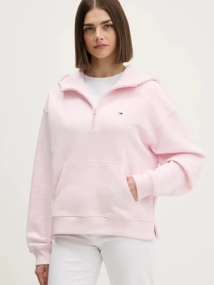 Tommy Jeans bluza bawełniana damska kolor różowy z kapturem gładka DW0DW21924