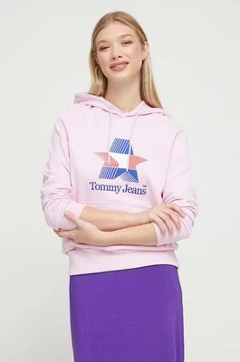 Tommy Jeans bluza bawełniana damska kolor różowy z kapturem z nadrukiem