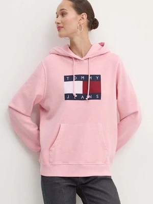 Tommy Jeans bluza bawełniana damska kolor różowy z kapturem z nadrukiem DW0DW18654