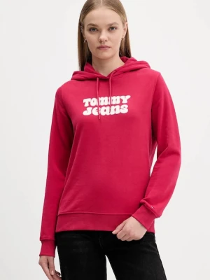 Tommy Jeans bluza bawełniana damska kolor różowy z kapturem z nadrukiem DW0DW21962
