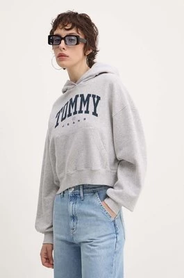 Tommy Jeans bluza bawełniana damska kolor szary z kapturem z nadrukiem DW0DW19291