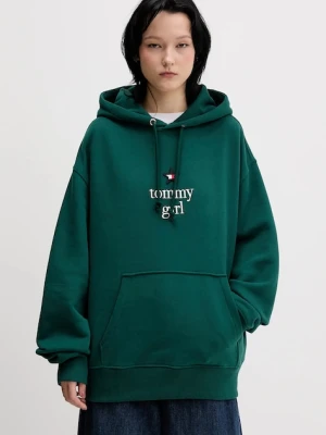 Tommy Jeans bluza bawełniana damska kolor zielony z kapturem z aplikacją DN0DN00099