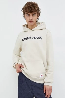 Tommy Jeans bluza bawełniana męska kolor beżowy z kapturem z nadrukiem DM0DM18413