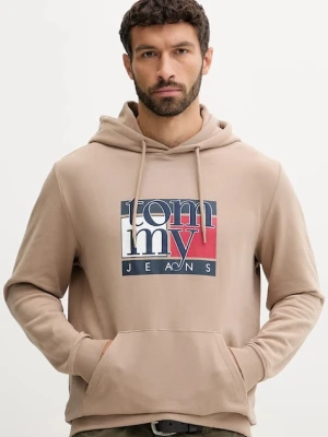 Tommy Jeans bluza bawełniana męska kolor beżowy z kapturem z nadrukiem DM0DM22092