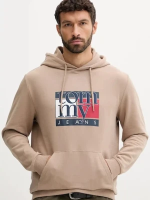 Tommy Jeans bluza bawełniana męska kolor brązowy z kapturem z nadrukiem DM0DM22092