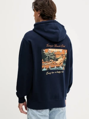 Tommy Jeans bluza bawełniana męska kolor granatowy z kapturem z nadrukiem DM0DM21373