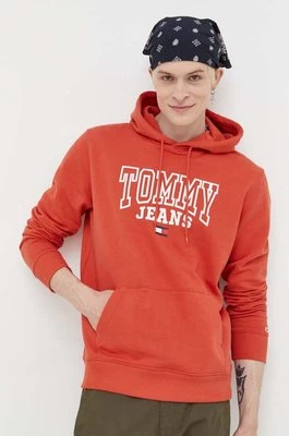 Tommy Jeans bluza bawełniana męska kolor pomarańczowy z kapturem z nadrukiem