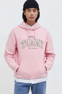 Tommy Jeans bluza bawełniana męska kolor różowy z kapturem z aplikacją DM0DM18401