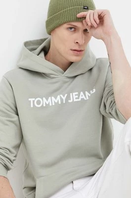 Tommy Jeans bluza bawełniana męska kolor zielony z kapturem z nadrukiem DM0DM18413