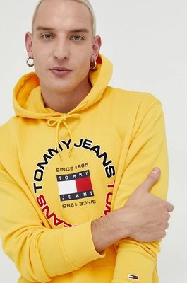 Tommy Jeans bluza bawełniana męska kolor żółty z kapturem z nadrukiem