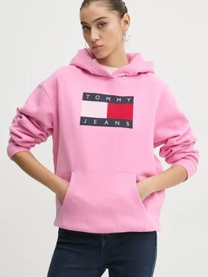 Tommy Jeans bluza damska kolor różowy z kapturem z nadrukiem DW0DW19407