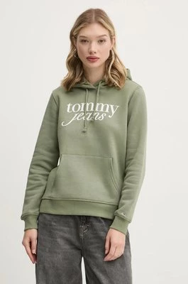 Tommy Jeans bluza damska kolor zielony z kapturem z nadrukiem DW0DW20170