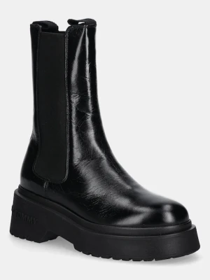 Tommy Jeans botki skórzane CHUNKY SHINY LEATHER CHELSEA damskie kolor czarny na płaskim obcasie EN0EN02888