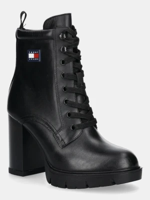 Tommy Jeans botki skórzane TJW HEEL LACE UP BOOT damskie kolor czarny na słupku EN0EN02832
