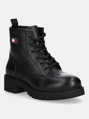 Tommy Jeans botki skórzane TJW LACE UP LEATHER BOOT damskie kolor czarny na płaskim obcasie EN0EN02824