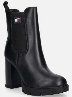 Tommy Jeans botki skórzane TJW LEATHER HEEL BOOT damskie kolor czarny na słupku lekko ocieplone EN0EN02831