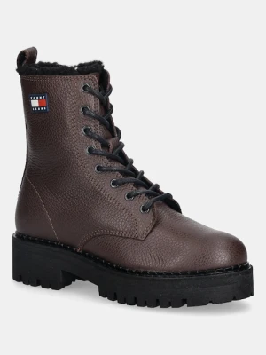 Tommy Jeans botki skórzane TJW URBAN LACEUP BOOT WL damskie kolor brązowy na platformie ocieplone EN0EN02906