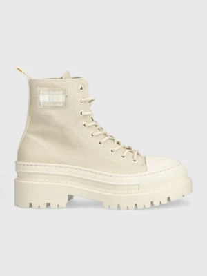 Tommy Jeans botki TJW FOXING CANVAS BOOT damskie kolor beżowy na platformie EN0EN02216