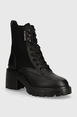 Tommy Jeans botki TJW MID HEEL BOOT MIX MEDIA damskie kolor czarny na płaskim obcasie EN0EN02556