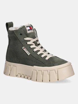 Tommy Jeans buty zamszowe TJW VULC FLATFORM SUEDE WL damskie kolor zielony na platformie lekko ocieplone EN0EN02894