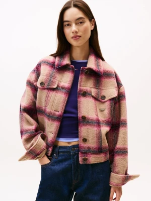 Tommy Jeans Damska kurtka wełniana Kobiety Wełna lila|beżowy w kratkę,