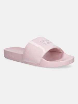 Tommy Jeans klapki FLAG POOL SLIDE PATENT damskie kolor różowy EN0EN02901