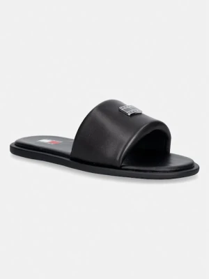 Tommy Jeans klapki na płaskim obcasie damskie skórzane TJW SOFT PADDED CASUAL SLIDE czarny