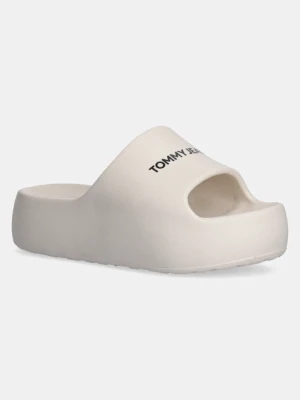 Tommy Jeans klapki TJW FLATFORM POOL SLIDE ESS damskie kolor beżowy na platformie EN0EN02763