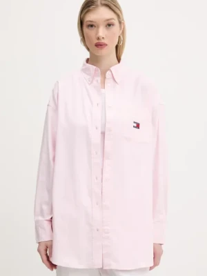 Tommy Jeans koszula bawełniana damska kolor różowy relaxed z kołnierzykiem klasycznym DW0DW20289