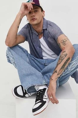 Tommy Jeans koszula z domieszką lnu kolor granatowy regular