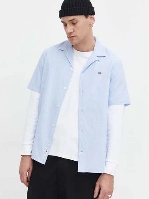 Tommy Jeans koszula z domieszką lnu kolor niebieski regular DM0DM18963