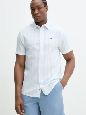 Tommy Jeans koszula z domieszką lnu męska kolor niebieski regular z kołnierzykiem klasycznym DM0DM20894