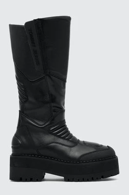 Tommy Jeans kozaki TJW LONG SHAFT BIKER BOOT damskie kolor czarny na płaskim obcasie lekko ocieplone EN0EN02376