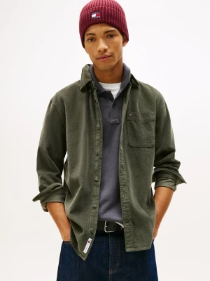 Tommy Jeans Męska koszula sztruksowa Mężczyźni Regular Fit Bawełna zielony jednolity,