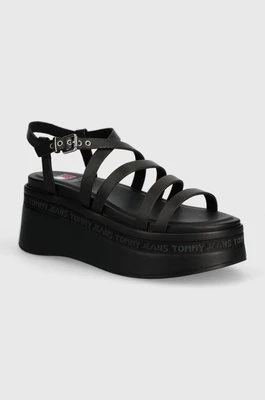 Tommy Jeans sandały skórzane TJW STRAPPY WEDGE SANDAL kolor czarny EN0EN02516