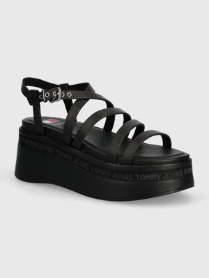 Tommy Jeans sandały skórzane TJW STRAPPY WEDGE SANDAL kolor czarny EN0EN02516