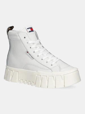 Tommy Jeans sneakersy skórzane TJW VULC FLATFORM LEOPARD damskie kolor beżowy EN0EN02858