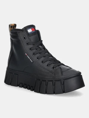 Tommy Jeans sneakersy skórzane TJW VULC FLATFORM LEOPARD damskie kolor czarny EN0EN02858