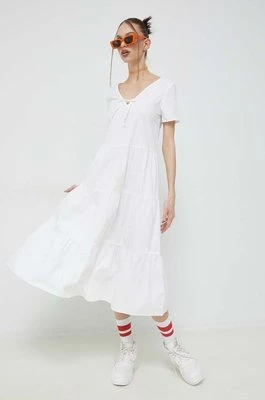 Tommy Jeans sukienka bawełniana kolor biały midi rozkloszowana